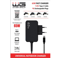 WG - 65W univerzální notebooková nabíječka s Type-C kabelem 1,8m + 4 adaptéry