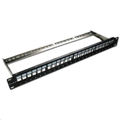 XtendLan Patch panel 19", 24 portů, neosazený, stíněný, černý, Cat5e/6/6A/7, odnimatelný  vyvazovák