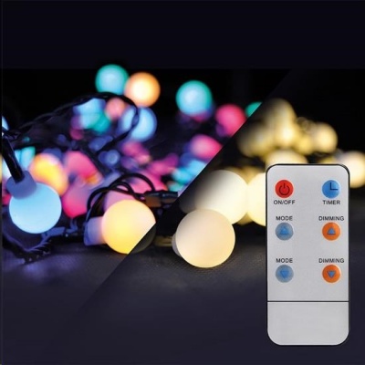 Solight LED 2v1 venkovní vánoční řetěz, koule, dálkový ovladač, 100LED, RGB+bílá, 10m+5m, 8 funkcí, IP44