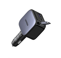 UGREEN rychlonabíječka do auta se zatahovacím kabelem 145W 3-Port, 2x USB-C,1x USB-A, GaN, stříbrná