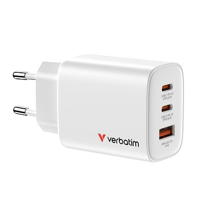 VERBATIM GaN Nabíječka Essentials 65W, 2xUSB-C, 1xUSB-A, bílá
